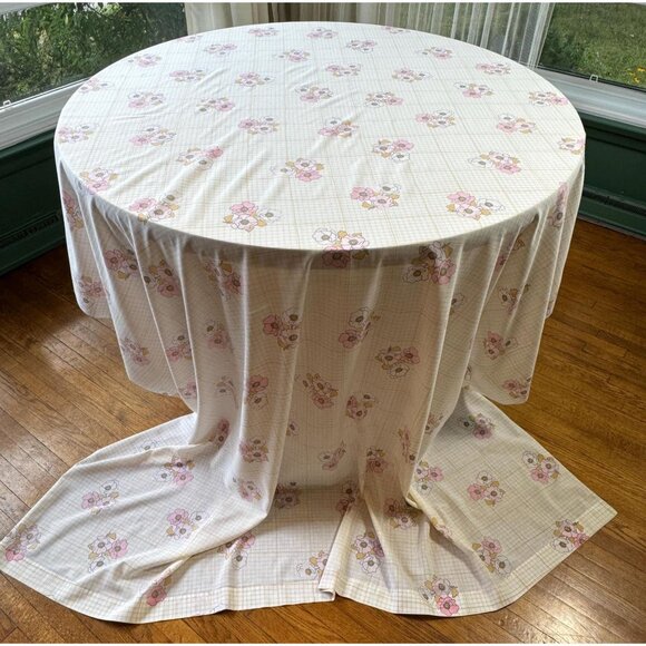 Vintage 1970s top/ flat sheet, pink peonies flowers, checkered, twin si - Picture 3 of 10